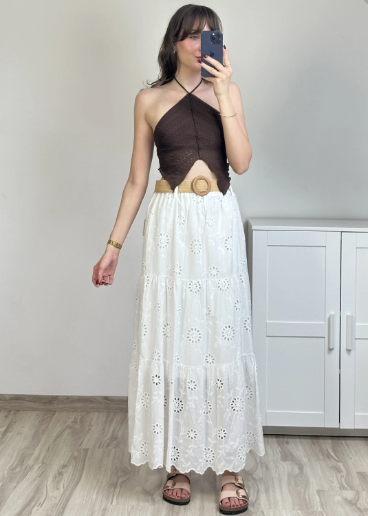 spódnica maxi bawełniana ażurowa z paskiem spódnica maxi z haftem ażurowym bawełniana spódnica bawełniana maxi z podszewką