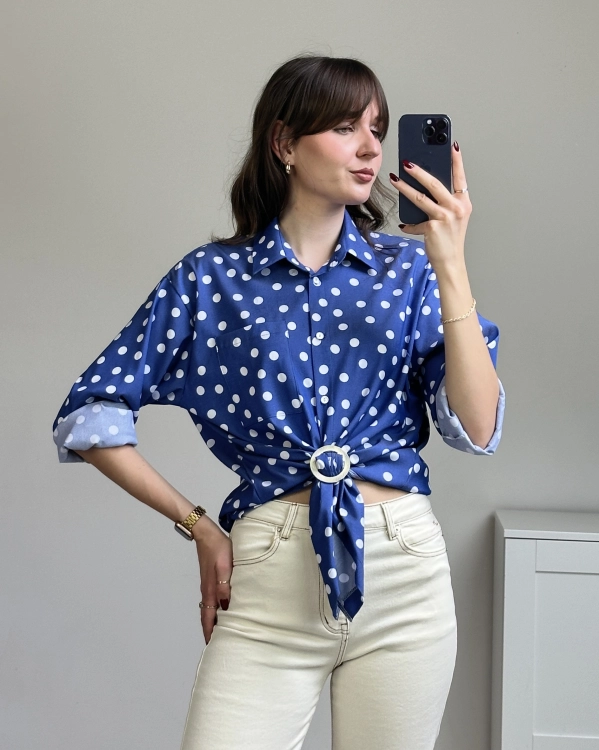 koszula damska w kropki klasyczna koszula z kołnierzykiem modna odzież damska butik koszula damska wiązana w talii stylowa koszula casual elegancka do jeansów i spodni