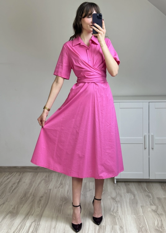 sukienka midi rozkloszowana z kieszeniami stylizacja elegancka sukienka damska wiązana w talii modna stylizacja