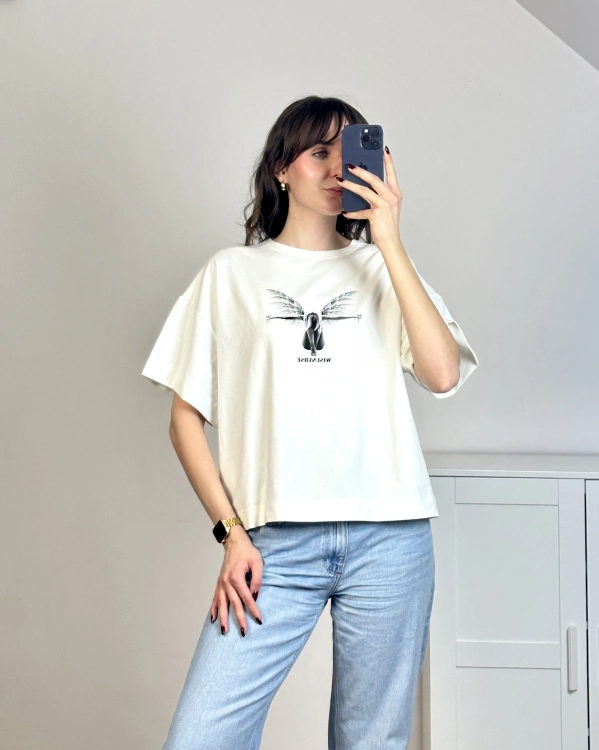 t-shirt damski z nadrukiem anioła, miękka bawełna, polska produkcja