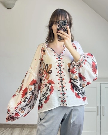 bluzka boho wzór etno luźny krój stylizacja codzienna wiskozowa bluzka z szerokimi rękawami wzorzysta styl boho