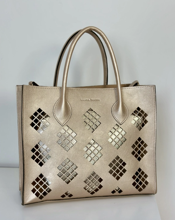 torebka shopper złota z wycinanym wzorem duża torebka shopper z kosmetyczką