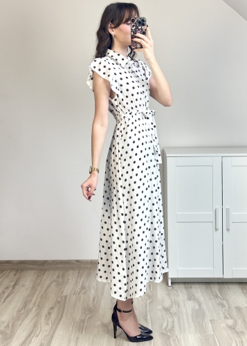 sukienka z gumką w talii midi sukienka śmietankowa w brązowe grochy elegancka sukienka midi z wiązaniem