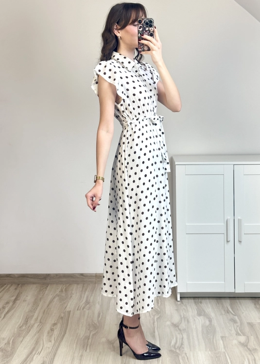 sukienka z gumką w talii midi sukienka śmietankowa w brązowe grochy elegancka sukienka midi z wiązaniem