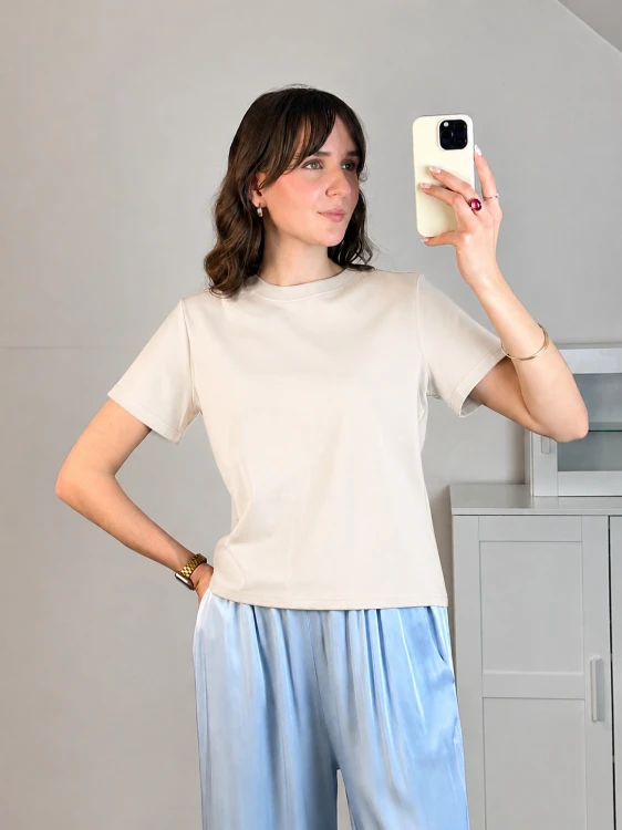 kremowy t-shirt basic z krótkim rękawem koszulka bazowa bawełniana