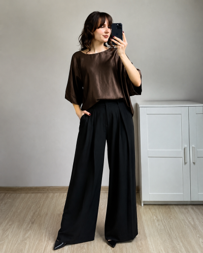satynowa bluzka z wiskozy oversize czekoladowy brąż plus size