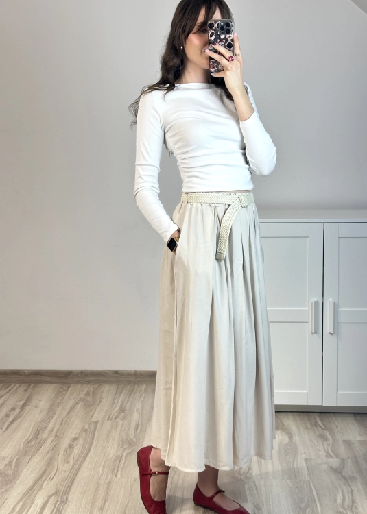 Elegancka spódnica z lejącego materiału damska Spódnica midi z paskiem i zwiewnym fasonem