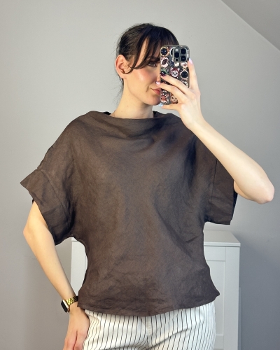 Brązowa lniana bluzka oversize damska Lniana bluzka damska z krótkim rękawem