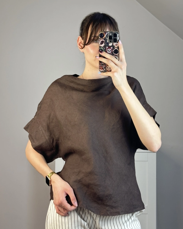 Brązowa bluzka z lnu modelująca sylwetkę Oversize lniana bluzka na lato