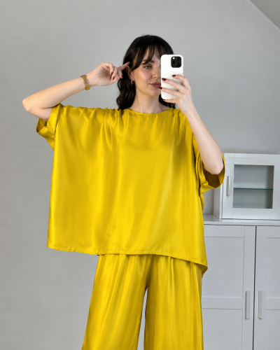 Żółta bluzka z satyny wiskozowej oversize piękna bluzka premium na lato
