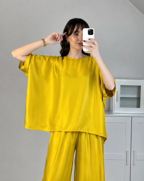 Żółta bluzka z satyny wiskozowej oversize piękna bluzka premium na lato