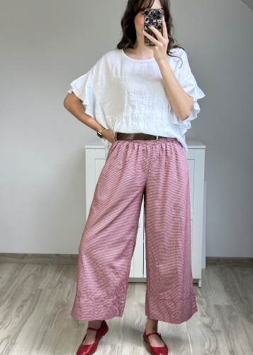 szerokie spodnie culotte w drobną kratkę