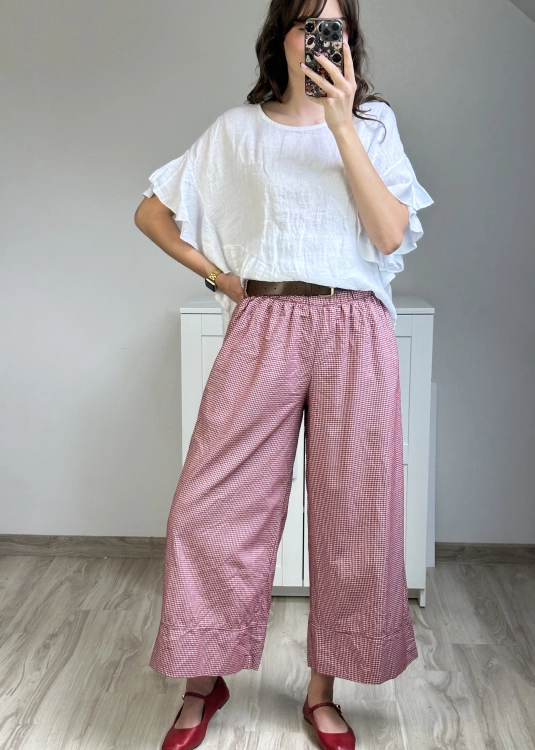 szerokie spodnie culotte w drobną kratkę