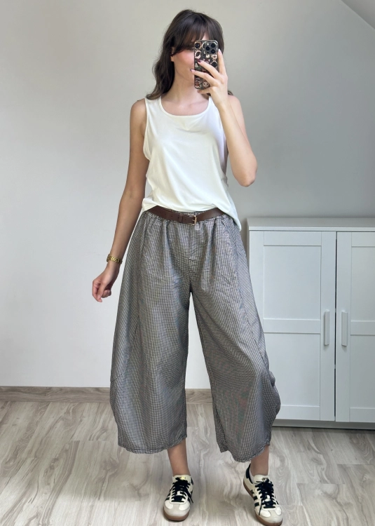 Luźne spodnie damskie culotte barrel z kieszeniami Spodnie culotte barrel w kratkę do codziennych stylizacji