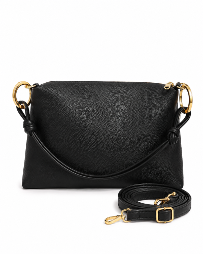 Czarna torebka skórzana A5 z odpinanym paskiem złote okucia elegancka minimalistyczna Torebka czarna ze skóry naturalnej średnia na ramię i crossbody klasyczny fason