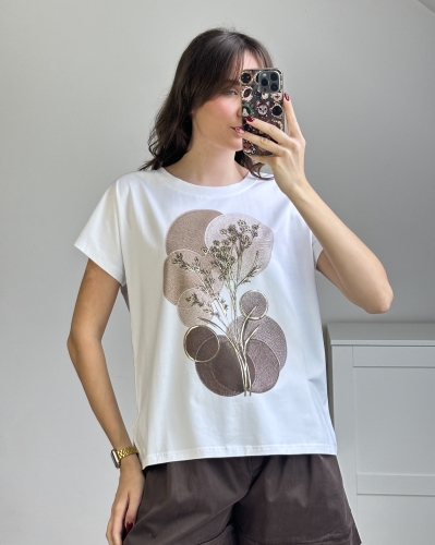 Bawełniany t-shirt biały z printem roślinnym