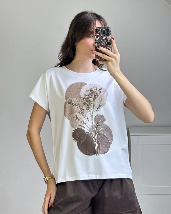 Bawełniany t-shirt biały z printem roślinnym
