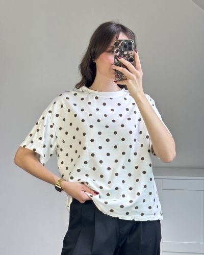 Bawełniana koszulka oversize w groszki Wygodny t-shirt damski z krótkim rękawem