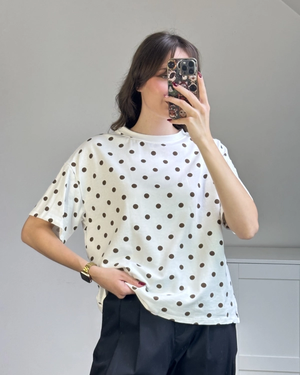 Bawełniana koszulka oversize w groszki Wygodny t-shirt damski z krótkim rękawem