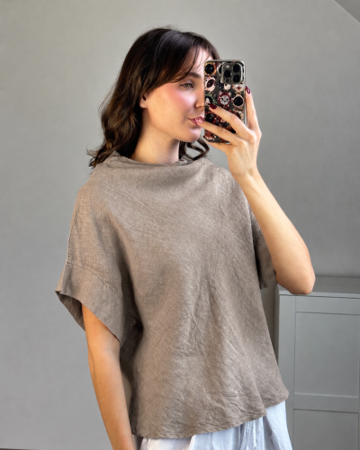 Modna bluzka lniana fango z luźnym fasonem Naturalna lniana bluzka damska fango do codziennych stylizacji