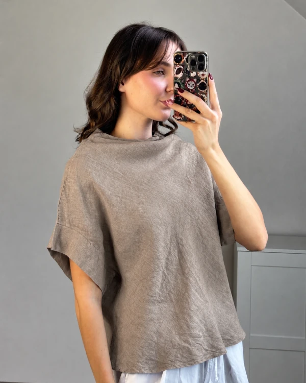 Modna bluzka lniana fango z luźnym fasonem Naturalna lniana bluzka damska fango do codziennych stylizacji