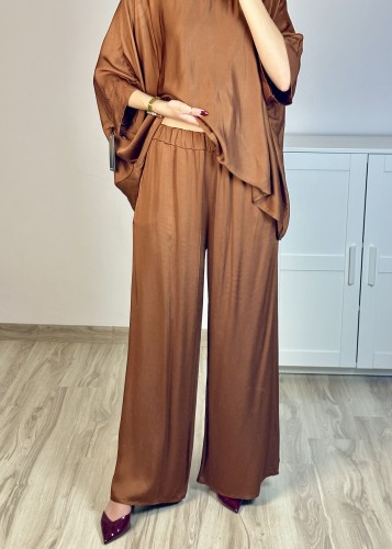 Miedziane spodnie satynowe z wiskozy wide leg