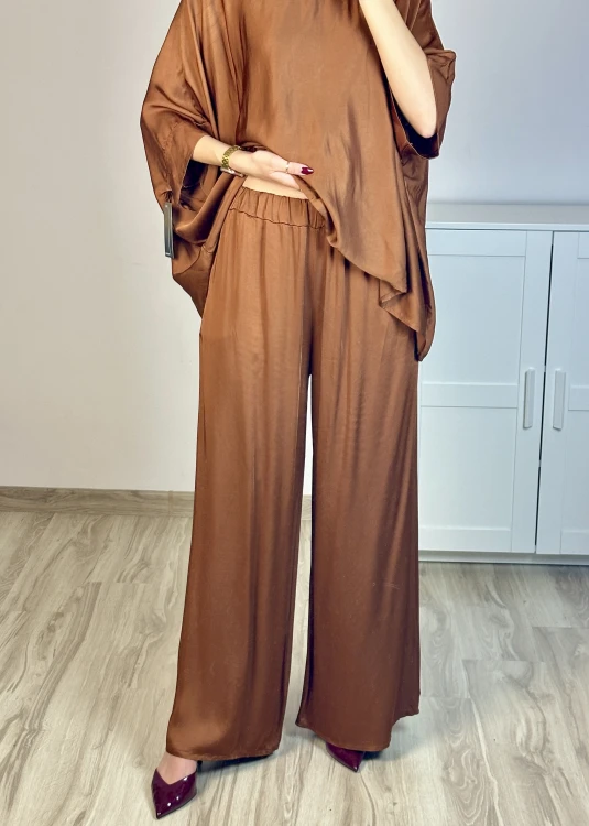 Miedziane spodnie satynowe z wiskozy wide leg