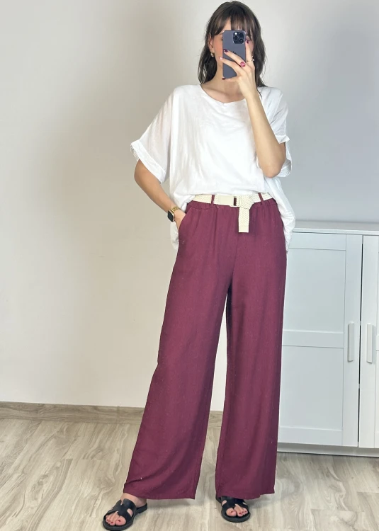 Wiskozowe spodnie wide leg z paskiem bordo