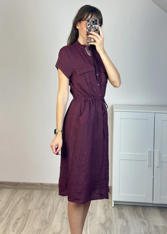 Sukienka lniana bordo zapinana na guziki