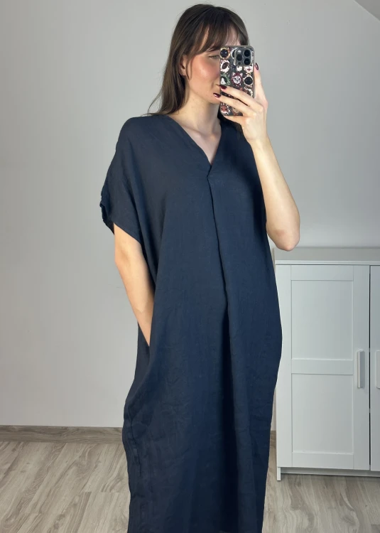 Luźna sukienka lniana granatowa z kieszeniami
