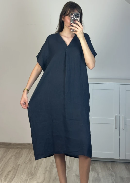Lniana sukienka oversize granatowa na lato