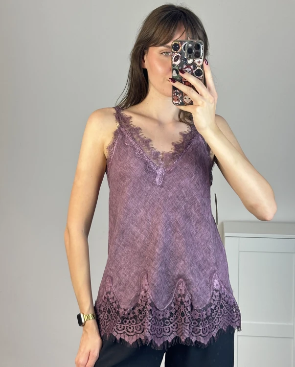 Lniany top z koronką śliwkowy
