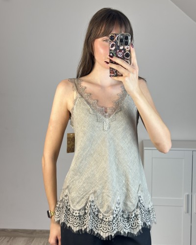 Lniany top z koronką beżowy