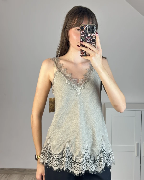 Lniany top z koronką beżowy
