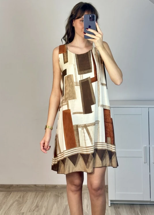 Sukienka z wiskozy przed kolano geometryczny print beż brąz