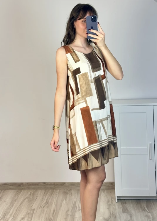 Sukienka z wiskozy przed kolano geometryczny print beż brąz