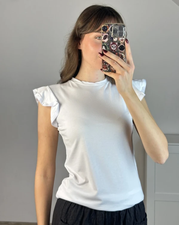 Wiskozowy t-shirt damski z falbankami biały
