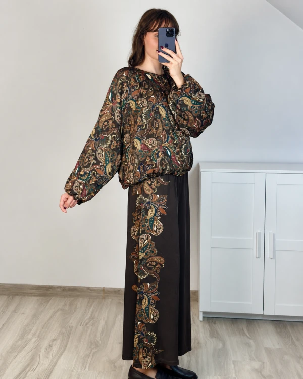 Elegancki komplet z satyny wiskozowej ciemny brąz