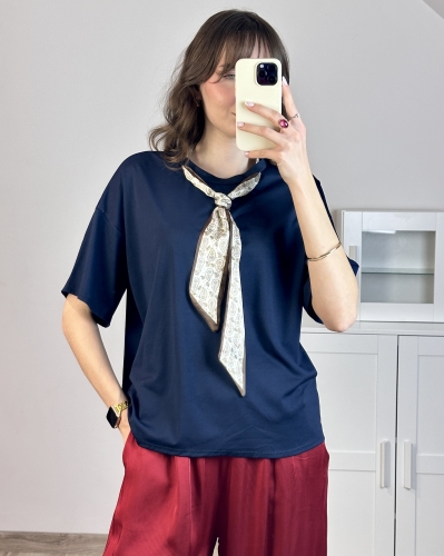 bluzka damska oversize z apaszką elegancki t-shirt damski premium granat