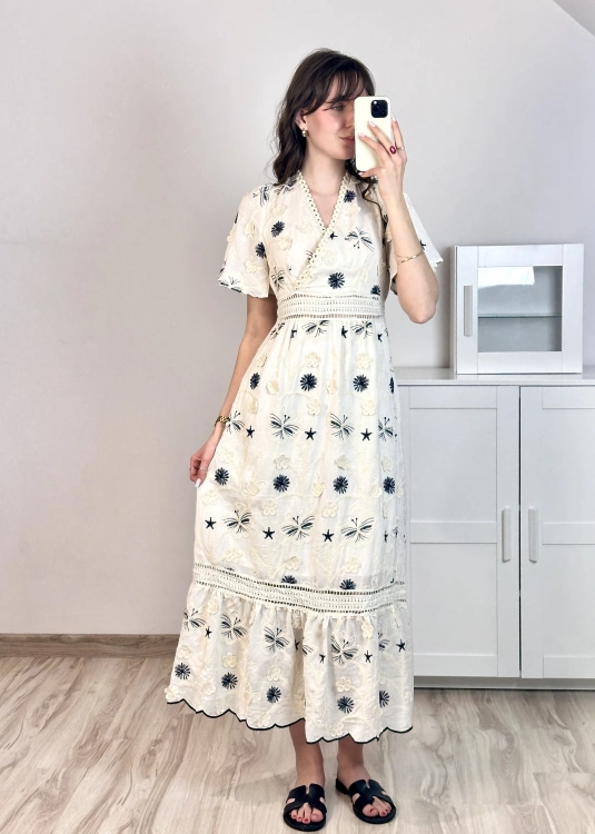 sukienka damska romantyczna haft kwiatowy koronkowa sukienka midi styl boho elegancki
