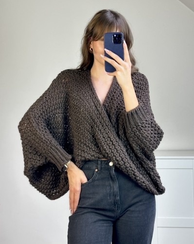 Sweter poncho z wełną i alpaką - brązowy