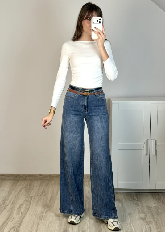 Jeansy wide leg z wysokim stanem i ozdobnymi przeszyciami niebieskie