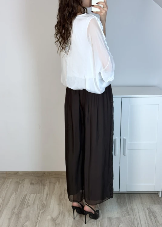 Eleganckie spodnie jedwabne z haftem brązowe