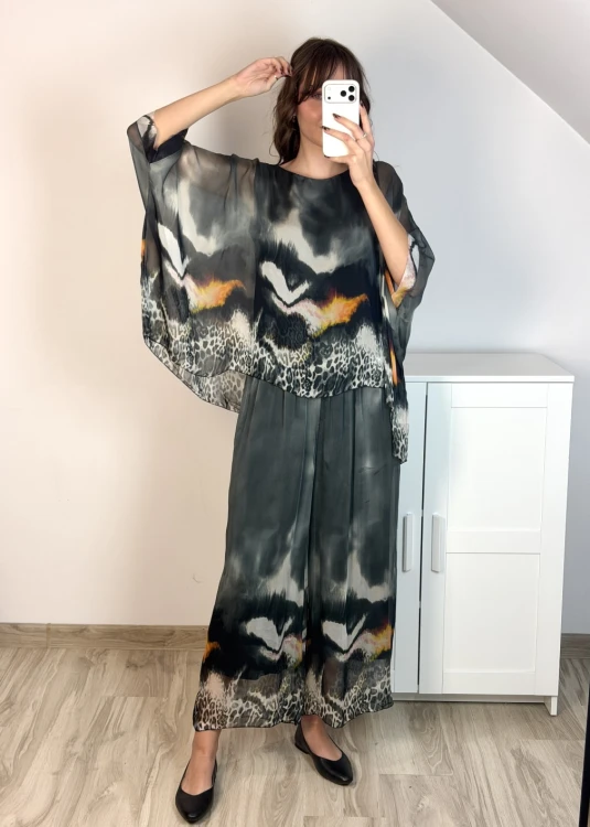 elegancki komplet z jedwabiem damski bluzka i szerokie spodnie
