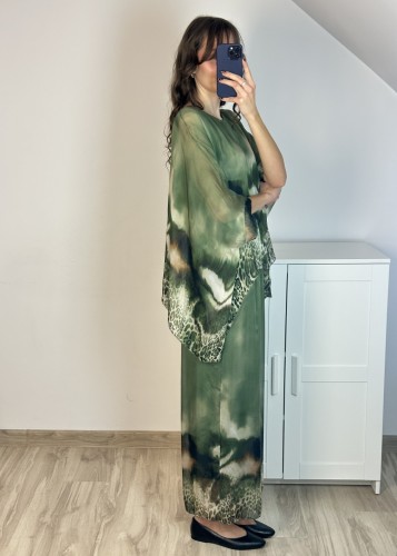elegancki komplet z jedwabiem bluzka i spodnie zielony