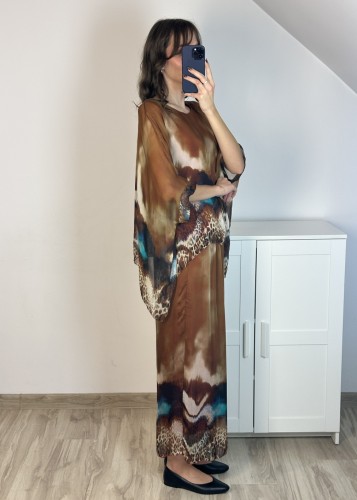 elegancki komplet z jedwabiem bluzka i spodnie brąz z błękitem