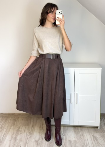 elegancka spódnica midi z paskiem brązowa
