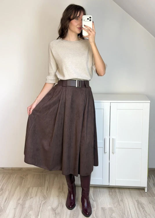 elegancka spódnica midi z paskiem brązowa