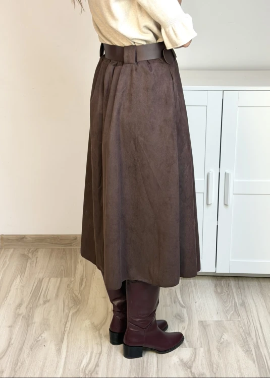 elegancka spódnica midi z paskiem w talii brązowa