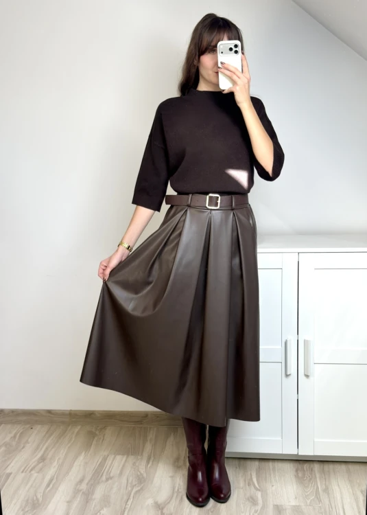 Elegancka spódnica midi z ekoskóry brązowa
